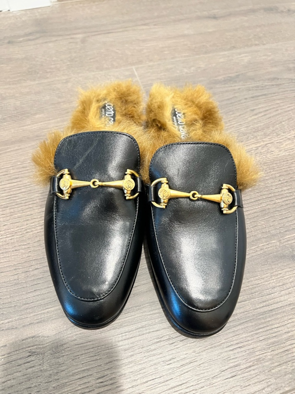 Roberto Cavalli Black Leather Mule Loafers with Tan Fur and Gold Accent